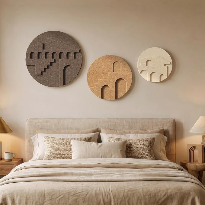 3D Textured Round Neutral Abstract Wall Art Set, 3 Piece Mid-Century Modern Geometric Sculpture Artwork for Walls, Minimalist Boho Earth Tone Paintings for Living Room Dinging Room Bedroom Wall Decor