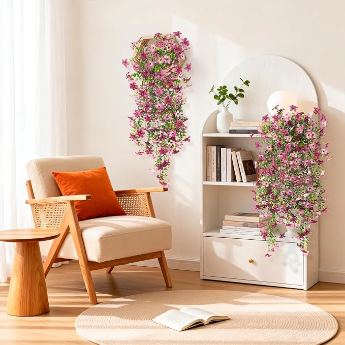 Artificial Fake Hanging Flowers Plants for Outdoor Spring Summer Decoration | 2 PCS Faux Silk Daisy with Eucalyptus Leaves,UV Resistant Look Real for Outside Home Planter Porch Patio Balcony Yard Decor