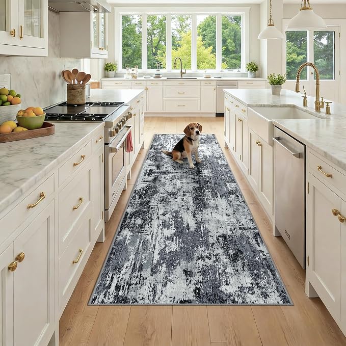 RELEANY Washable Runner 3'x8' Abstract Area Rug for Hallway Black White | carpet for kitchen, entryway, bathroom, living room, bedroom, printed pattern, non-slip, soft, stain-resistant, easy to clean