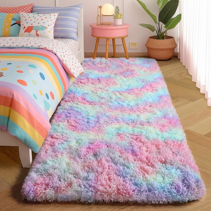 Amdrebio Rainbow Unicorn Pastel Shag Runner Area Rug 2x6 for Girls Bedroom | Fluffy Furry Fuzzy Shaggy Cute Kids Carpet, Nursery Classroom Playroom Preppy Dorm Home Decor, Colorful, Baby Toddler Corner
