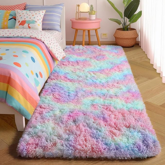 Amdrebio Rainbow Unicorn Pastel Shag Runner Area Rug 2x6 for Girls Bedroom | Fluffy Furry Fuzzy Shaggy Cute Kids Carpet, Nursery Classroom Playroom Preppy Dorm Home Decor, Colorful, Baby Toddler Corner