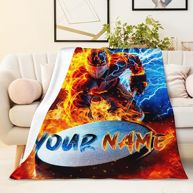 Blanket for Boys Med Personalized Ice Hockey Throw Blankets Gift for Kids Adults Men Sport Lovers, 60x80 Inches All Season Lightweight Soft Custom Throw for Sofa Couch Bed Home Decor