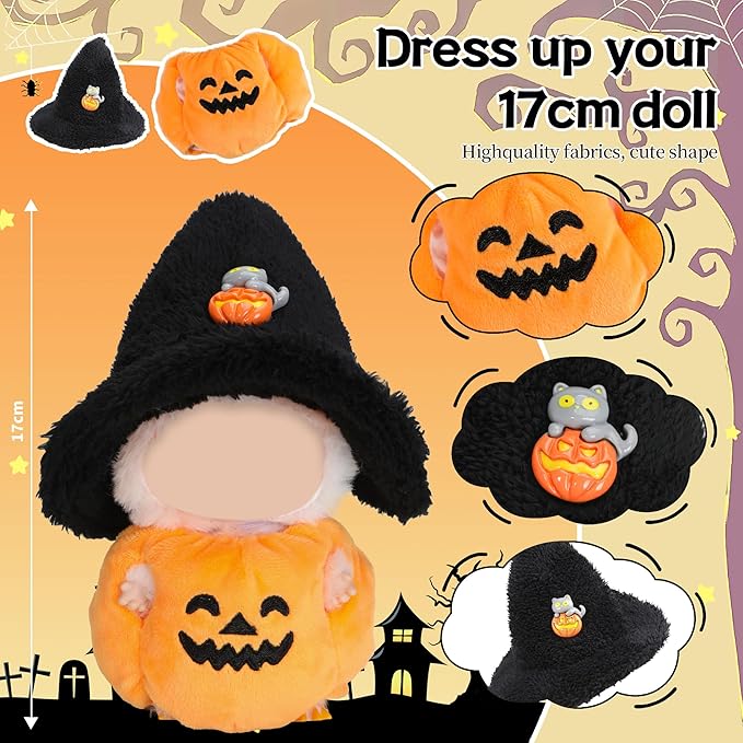 Clothes for Labubu Doll,6.7 Inch Doll Clothing Set - 2 Pieces of Handmade Clothes and Accessories for 17cm Plush Toys - Pumpkin Halloween Set