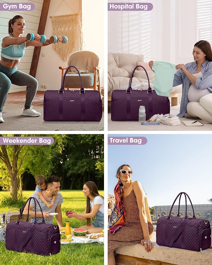 Women Weekender Travel Duffle Bag: Travel Duffel Overnight Bags with Shoe Compartment Large Carry on Tote with Toiletry Bag Weekend Traveling Yoga Gym Hospital Bag for Women with Wet Pocket Purple