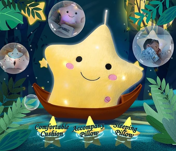 DearSun 13''Creative Twinkle Star Colorful Night Light Plush Pillows Light up Night Stuffed Toys Perfect for Birthday Christmas Holiday Valentines (Yellow)