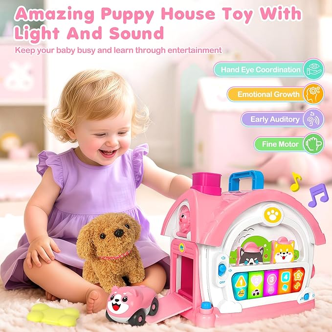 Montessori Toys for 1 2 3 Year Old Girl Gifts, Baby Musical Toys 12-18 Months, 10 in 1 Bilingual Learning Toy with Sound Light, Pretend Toy with Plush Puppy, First Birthday for Toddlers