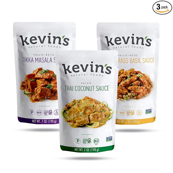 Kevin's Natural Foods Simmer Sauce, Tikka/Thai Coconut/Lemongrass Basil | Paleo Variety Pack, Stir-Fry Sauce, Gluten Free, No Preservatives, Non-GMO