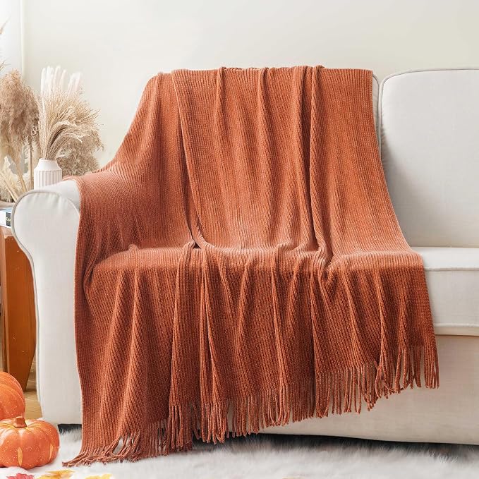 BATTILO HOME Rust Orange Throw Blanket for Couch, 50"x60" | Soft Chenille Knit Blanket with Tassels for Home Decor, Spring Fall Decor Throws for Couch Cover