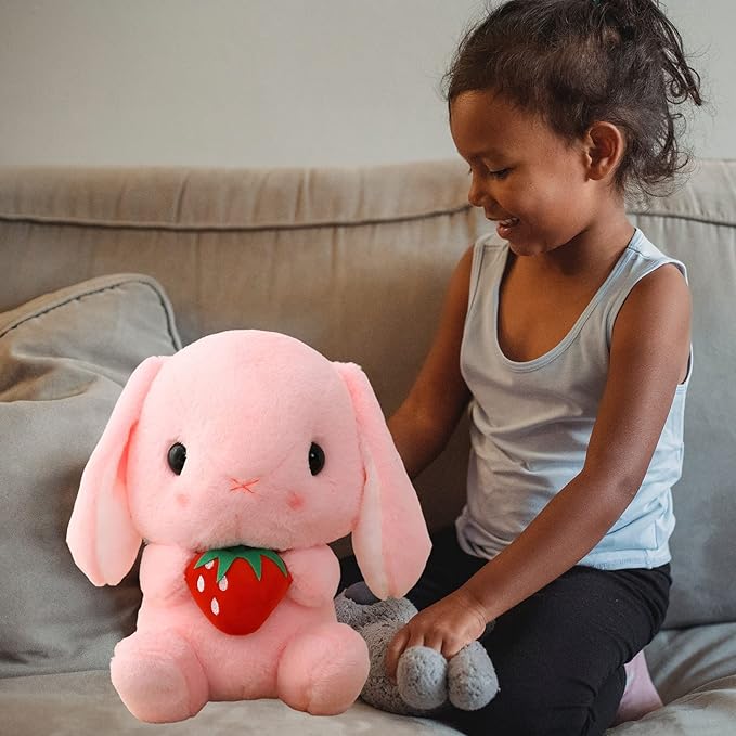 HOUPU Soft Toy - Sitting Lop Eared Rabbit, Easter White Rabbit Stuffed Bunny Animal with Carrot Soft Lovely Realistic Long-Eared Standing Pink Plush Toys (Pink-Strawberry,16.9in/43cm)