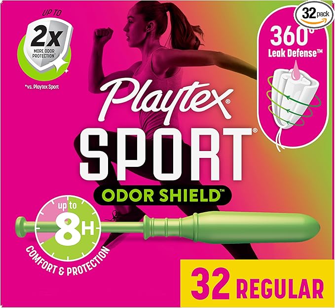Playtex Sport Odor Shield Tampons Regular Absorbency, Unscented - 32ct | Regular Tampons for Women, Feminine Care, Playtex Tampon with 360 Leak Defense and Odor Control