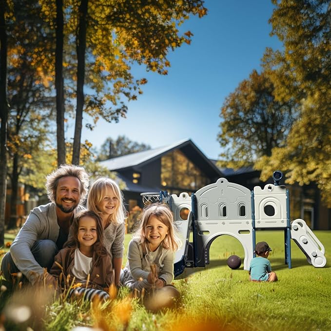 Glaf Toddler Slide 8 in 1 Indoor Playground for Toddlers 1-3 Outdoor Playset Kids Slides for Backyard Baby Slide Climber Slides with Telescope Basketball Hoop Tunnel and Ball (Grey)