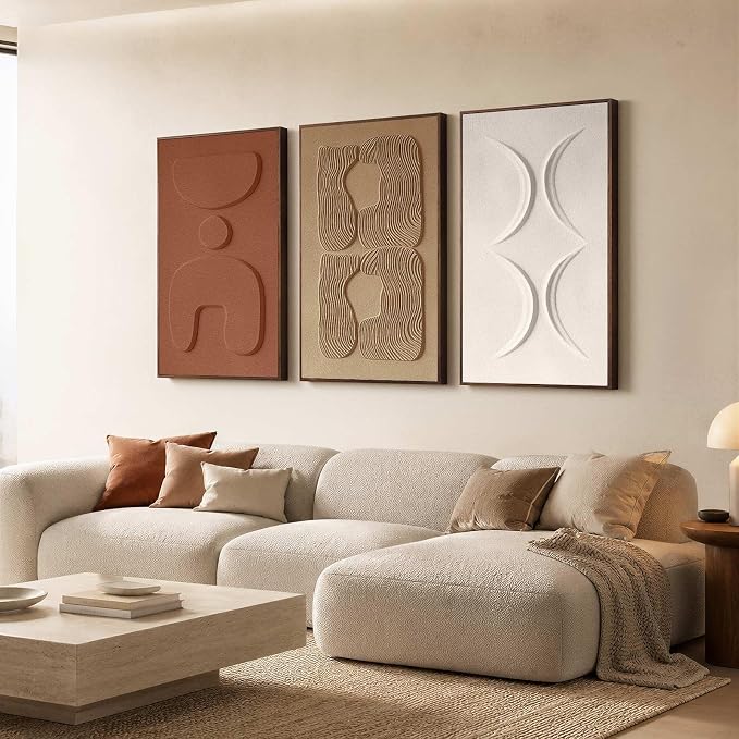 Thalasse Abstract Wall Art Large Framed 3D Ochre Terracotta 24x36 In | Wabi Sabi sandstone artwork, solid Catalpa wood frame, minimalist triptych hallway entryway, set of 3