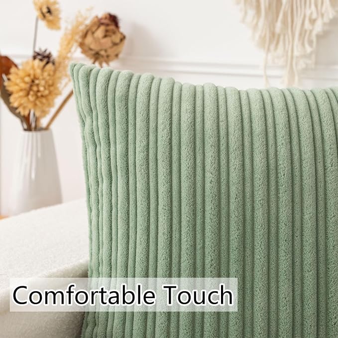 UGASA 18x18 Inch Soft Throw Pillow Cover Corduroy Striped Solid Square Cushion Case Boho Farmhouse for Couch Bedroom Sofa Home, 1 Piece, Sage Green