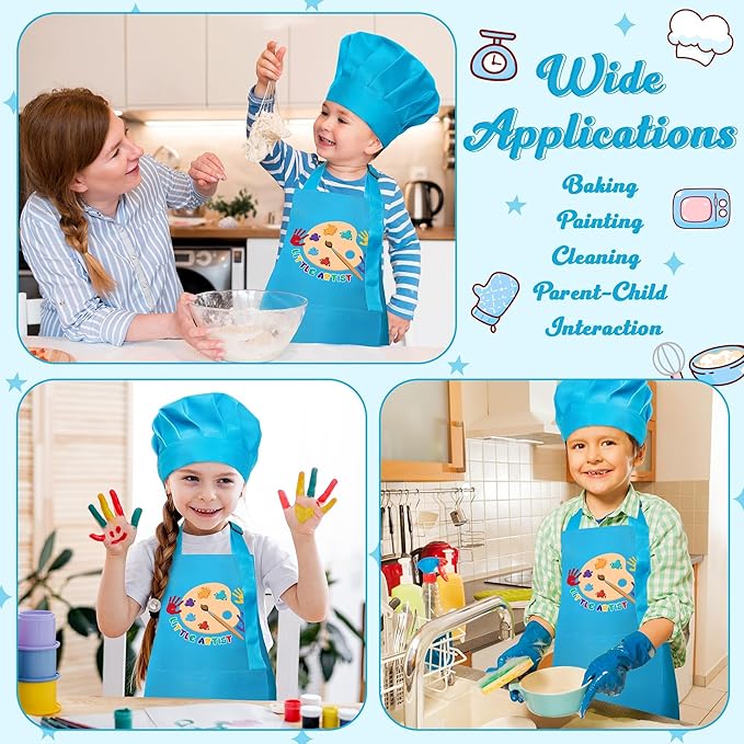 R HORSE Kid Apron and Chef Hat Set 2Pcs Adjustable Children Blue Artist Kitchen Apron, Dress up Role Play Chef Toy Cooking Baking Painting and Training Kits Funny Birthday Christmas Gift for Kids