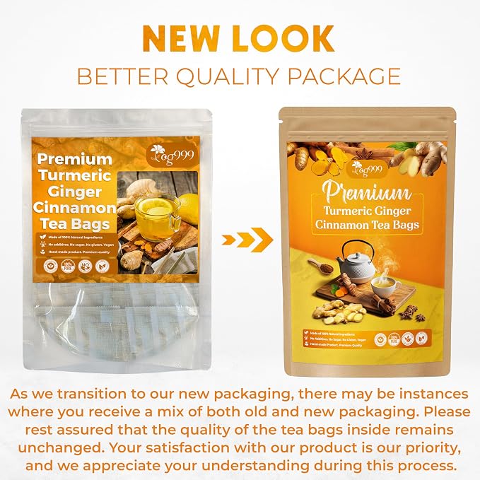 TOG999, 200 Turmeric, Ginger, Cinnamon Tea Bags, 100% Natural, Hand-made Blend of Turmeric, Ginger, and Cinnamon. Eco-conscious Tea Bags. No Sugar, No Caffeine, No Gluten, Vegan.