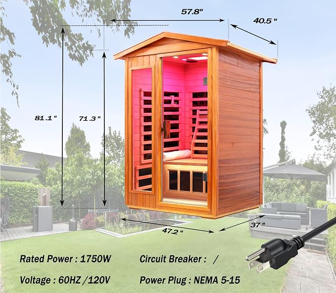 LTCCDSS Full Spectrum Ultra-Low EMF Outdoor Sauna 2-Person, Mahogany Far Infrared Saunas for Home, Near&Mid-IR Light, EMF 0.1-2mG, Bluetooth & Chromotherapy