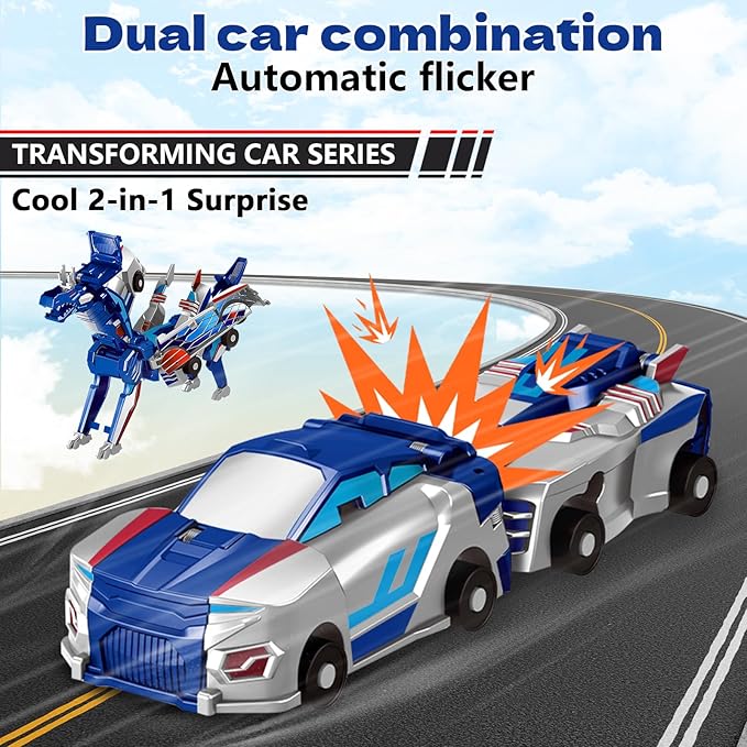 Collision Transforming Dinosaur Car Toy, 2 Magnetic Cars Transform into Dinosaur Toys for Kids Toddler Fun Deformation Robot Dino Car Christmas Birthday Gift Toys for Boys Girls(Blue Dragon)