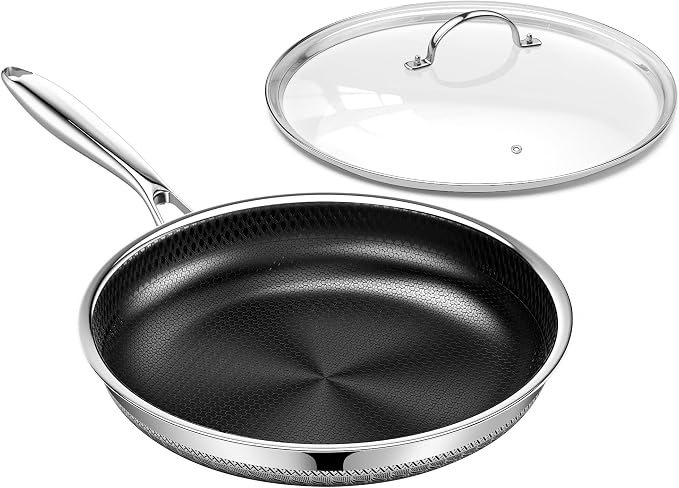 Innerwell 12 Inch Non Stick Frying Pan with Lid, Induction & Oven Safe | TitCeramic Tri-Ply Stainless Steel Hybrid Nonstick Skillet, Stay Cool Handle, Heat Fast and Evenly, PFAS/PFOA/PTFE Free