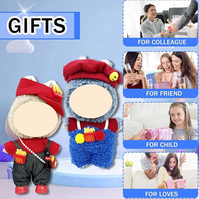 Doll Clothes for Labubu,Cute Outfit for 17cm Doll Clothe 2/3PCS Clothes and Hats Stylish Dolls Clothe for 17 cm Labubu,Casual Style Costumes for Labubu Dolls (Mai Believers Set hat+T-Shirt+Overalls)