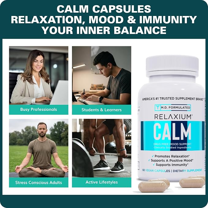 Relaxium Calm - Stress, Mood + Immune Support Supplement, Non-Habit Forming with Ashwagandha, 5-HTP & GABA, Mushroom Blend. Made in USA, 60 Capsules