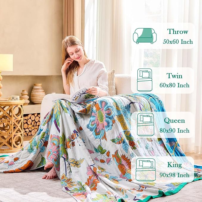 XIBLC Summer Throw Blanket, 60"x80" Reversible Bohemian Flower Blanket, 100% Cotton Muslin Breathable Woven, Farmhouse Decorative Throw Blanket