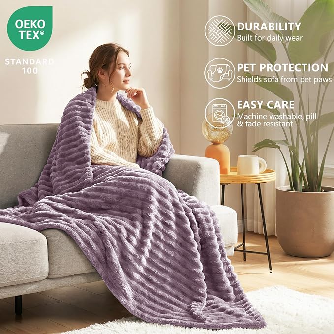 HIMEET Dusty Purple Queen Blanket for Bed, 300GSM Ribbed Fleece, 90 x 90 | Ultra Soft Flannel, All-Season Lightweight Warmth, Cozy Bed Coverage & Bedroom Decor, Gift for Men & Women, Machine Washable
