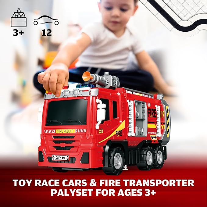 3in1 Fire Trucks Toys for Toddlers Ages 3-5, Carrier Toy Truck & Foldable Race Track, 12 Die Cast Cars Firetruck Toys for Toddlers 1-3 3-5 w/Light & Sound, Kids' Play Cars & Race Cars for Boys Girls