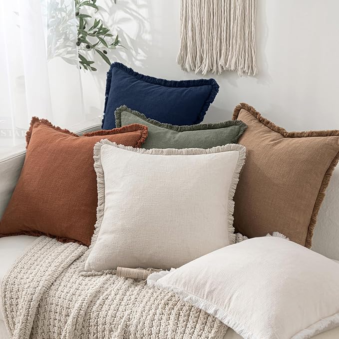 MIULEE Linen Fringe Decorative Euro Throw Pillow Covers Dark Navy 22x22 | Set of 2, Cottagecore Decor, Boho Farmhouse Coastal Pillow Covers, Rustic Couch Cushion Cases for Sofa Bed Living Room