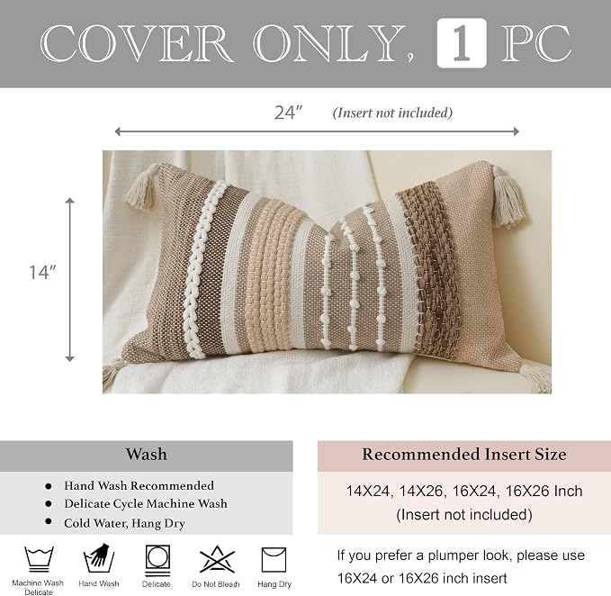 Decorative Lumbar Throw Pillow Cover 14x24 Boho Brown Accent Cushion for Couch Sofa Farmhouse Pillowcase for Bedroom Living Room Home Décor Cover ONLY