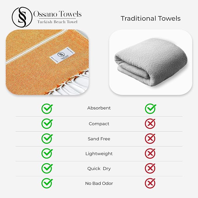 Ossano Turkish Beach Towel Striped & Smart Blend Oversized (39" x 71") - Quick Dry, Versatile and Functional as Picnic and Beach Blanket, Yoga, Pool, Travel and Gym Towels - Orange
