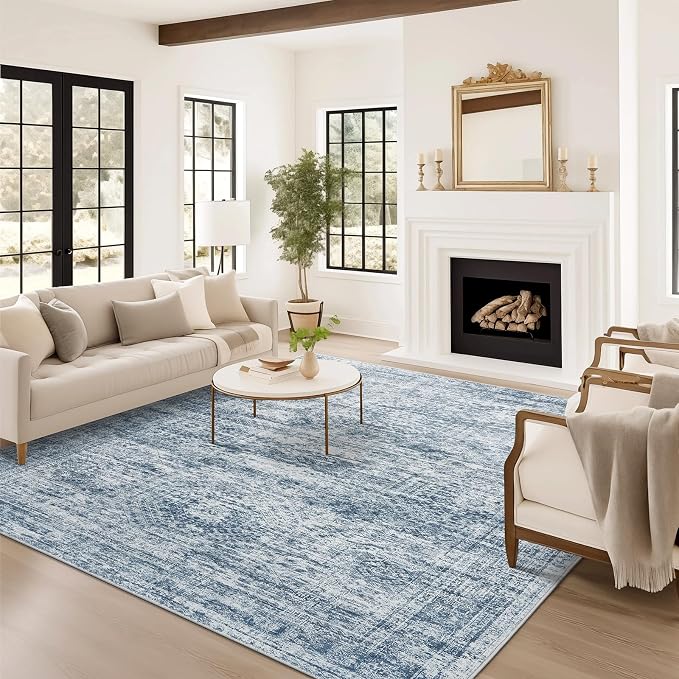 Soalmost 6x9 Area Rug for Living Room Washable Rugs Non-Slip Blue | Low-Pile Vintage Carpet for Dining Bedroom, Foldable Thin Stain Resistant Floor Mat Under Table Home Office Nursery Decor
