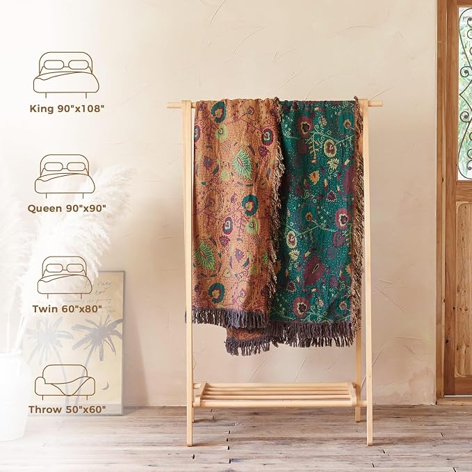 LUTBM Boho Throw Blanket for Bed 60"x80", 100% Cotton Cozy Couch Blankets | Forest Green Reversible Floral, All-Season Twin Quilt, For Chair Sofa Living Room Decor, Lightweight & Breathable, Women Gift