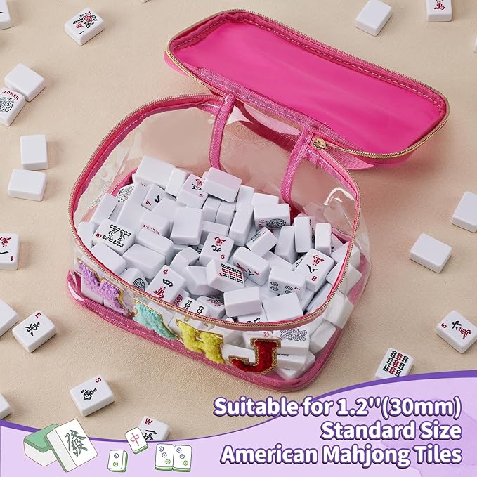 Handheld Mahjong Tile Bag, PVC Clear Mahjong Bag for 166 American Mahjong Tiles, Waterproof Mah Jong Case with Zipper & Lettters for Game Lover Gift Travel, Case Only(Hot Pink)