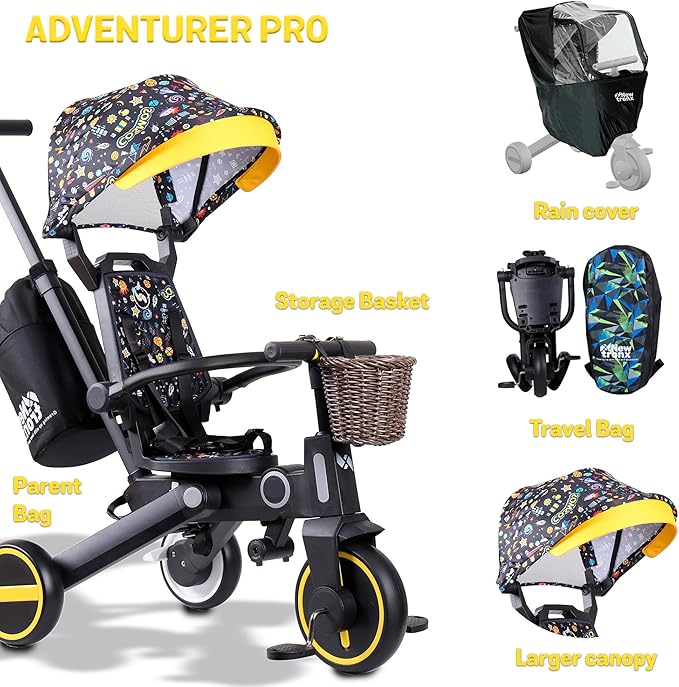 Adventure Pro Summer Edition - Foldable Tricycle for Toddlers-Big Canopy, Basket,Travel Backpack and Parent Bag - Toddler Tricycle for Ages 10 Months to 5 Years (Cosmos/Black)