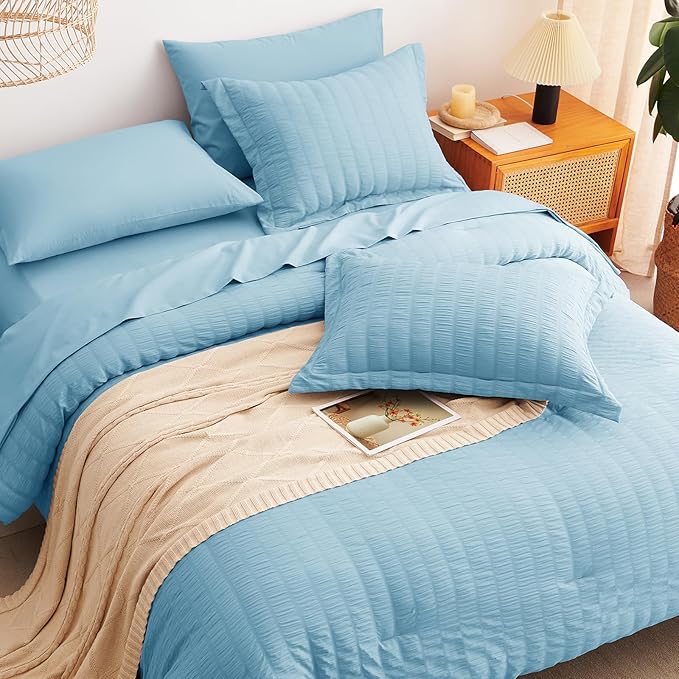 CozyLux King Size Comforter Set Sky Blue Seersucker 7 Pieces Bed in a Bag King Comforter Set with Sheets, Luxury Soft Bedding Sets with Down Alternative Comforter, Sheets, Pillowcases & Shams