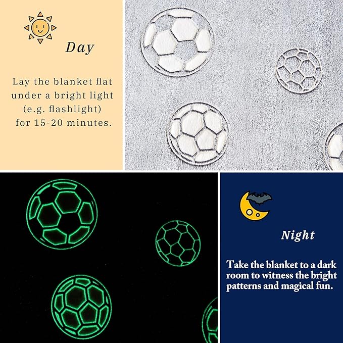 Wajade Soccer Gifts Toys for Boys Girls - Glow in The Dark Soccer Blanket Birthday Christmas Decor for Kids Age 3 4 5 6 7 8 9 10 11 12 Years Old Teens Child Toddler Throw Light Grey 50"x60"