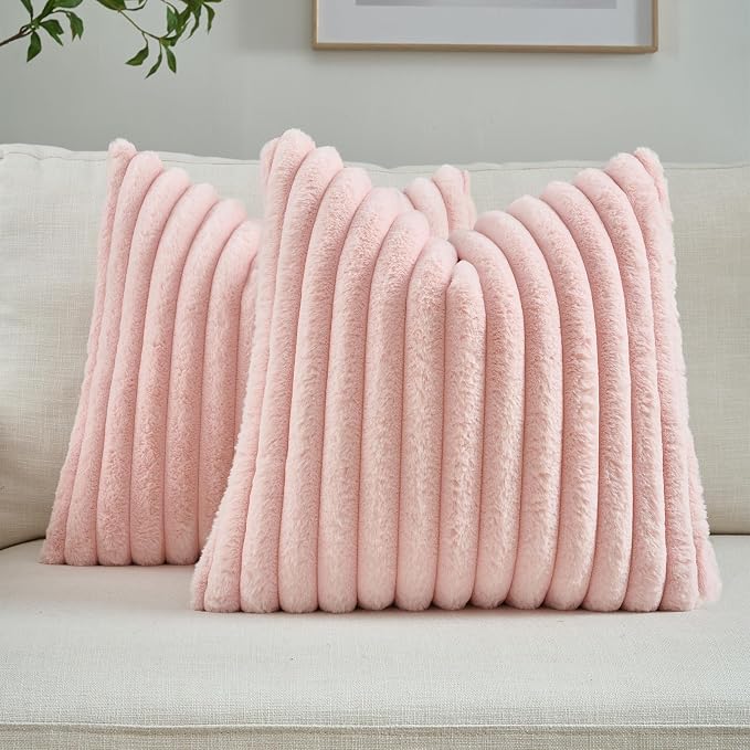 FUTEI Pack of 2 Faux Fur Throw Pillow Covers 28x28 Inch, Pink | Fluffy Faux Rabbit Fur Front/Premium Velvet Back,Hidden Zipper,Machine Washable,Non-Shedding,Colorfast,Insert Not Included.