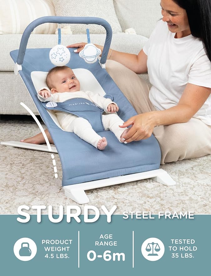 Baby Delight Alpine Deluxe Portable Baby Bouncer | Infant | 0-6 Months | 100% GOTS Certified Organic Cotton Fabric | Organic Dusty Blue