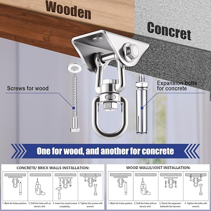 Tandefio 6 Sets of Robust Swing Hangers for Wooden Concrete Set with Hook Screw Bolt Washer 360 Swivel Stainless Steel Swingset Accessory for Porch Patio Yoga Indoor Outdoor, 2000 LB Capacity, Silver