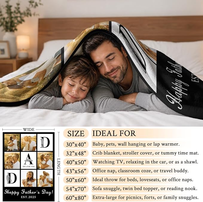 Fathers Day Birthday Gift for Dad Custom Blanket with 6 Photo & Text, Personalized Blankets with Picture to My Dad, HD Printing Customized Flannel Throw Blanket Gifts for Best Daddy Grandpa Ever