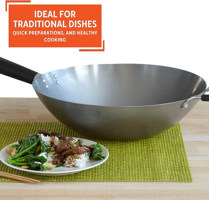 IMUSA USA Natural Wok with Triangle Handle 14-Inch, Silver | Natural Finish, Cool-Touch Wood and Helper Handle, Ideal for Stir-Frying, Perfect for Everyday Cooking