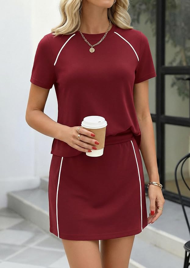 PRETTYGARDEN Women's 2 Piece Skirt Sets Matching Clothing | Short Sleeve Shirts,Color Block Tops,Mini Skirts with Shorts Pockets,Skort Set,Workout Active Wear,Tennis Golf,Summer Outfits