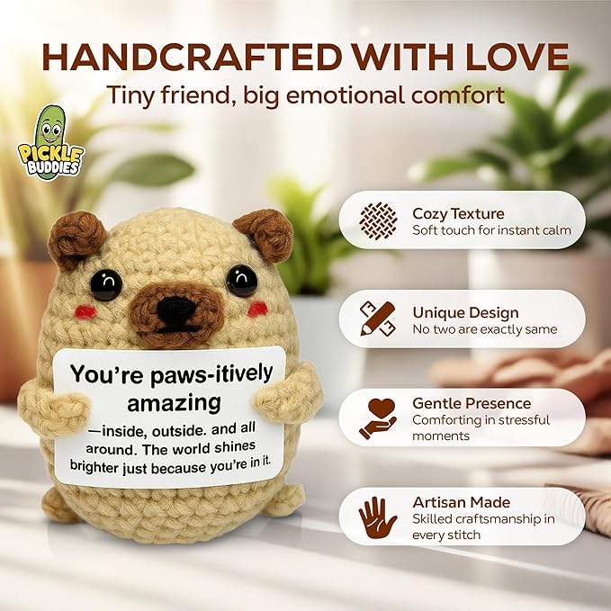 Positive Crochet Animals Pug - Handmade Emotional Support Crochet Doll Dog Desk Decor Pickle Gifts Emotional Support Plush for Anxiety & Stress Relief