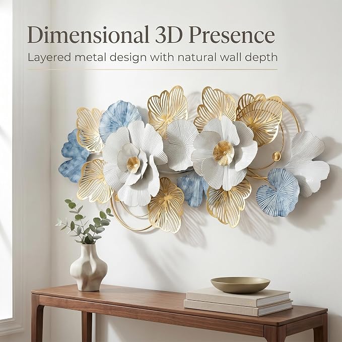 Axioglo 59" Large Wall Decor,3D Floral Metal Wall Art for Living Room | 59" x 27" metal wall decor with layered metal texture, mounting hardware, two-way display