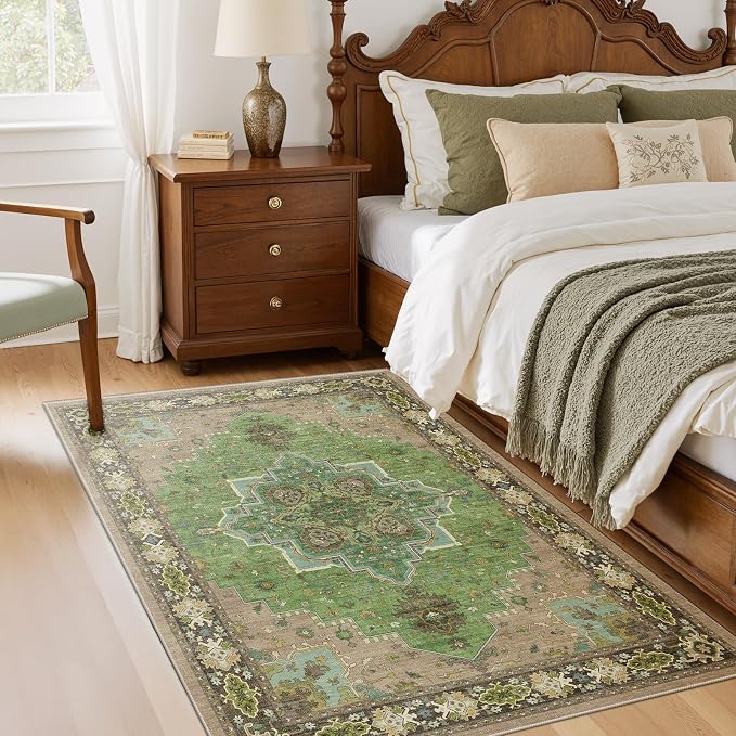 AMADA HOMEFURNISHING 3x5 Area Rug for Living Room, Vintage Washable Area Rug Low-Pile & Non-Slip Carpet for Bedroom Dining Room Nursery Home Office, Green