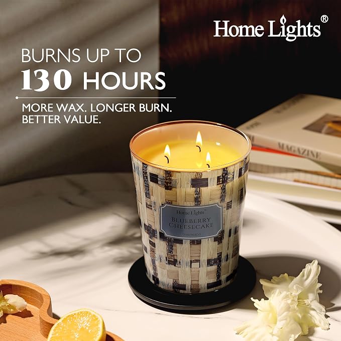 HomeLights Scented Candles for Women & Men, 34oz Candle Jars Aromatherapy 3-Wick Candle, Ideal for Rustic Modern Home Decor and Gifts, Blueberry Cheesecake