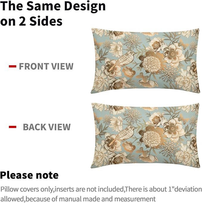 Vintage Floral Lumbar Pillow Covers 12X20 Inch Set of 2 Rose Gold Flowers Bird Butterfly Decorative Pillow Cases Blue Brown Cotton Linen Cushion Case Farmhouse Home Decor For Sofa Couch Living Room