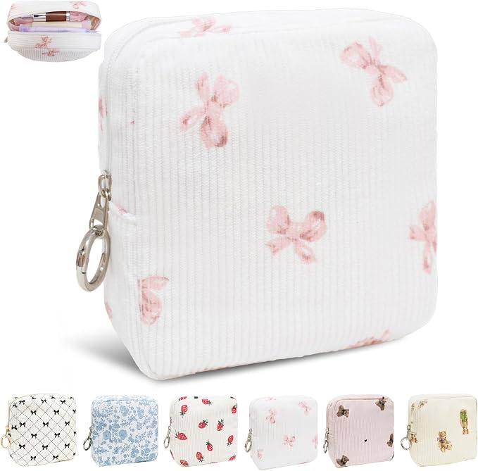 Period Bag for Girls, Corduroy Period Kit with Sanitary Pad Pouch, Menstrual Storage Bag and Tampon Holder for Purse, Girls School Essentials,Feminine Care Organizer(Pink Bow)