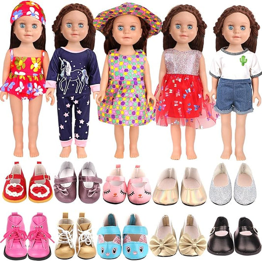 14 Pcs 18 Inch Doll Accessories,5 Sets Clothes and 2 Pairs of Doll Shoes (Send by Random) for 18 Inch American Doll, Best Birthday Festivals for Kid, Gril -2