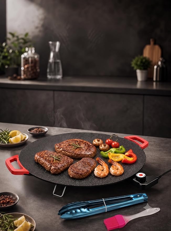 Round Electric Griddle, 1500W Smokeless Nonstick Indoor BBQ,The 16-inch round flat electric griddle easily cooks morning tortillas or Korean BBQ for the whole family.(16 inches)